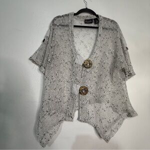 Frazzle White & Black Speckled Women’s Open-Weave, Short-Sleeved Sweater. Sz L.